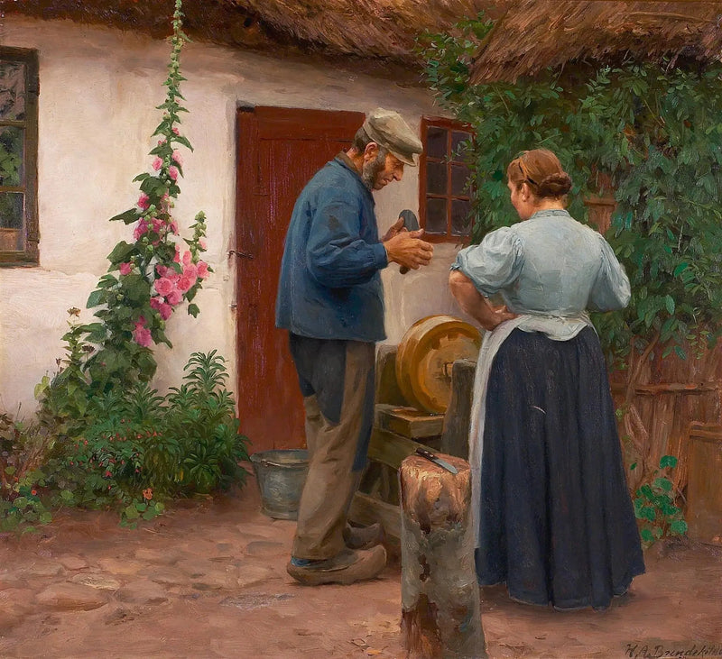 Um homem e uma mulher diante de uma pedra de amolar. - H. A. Brendekilde