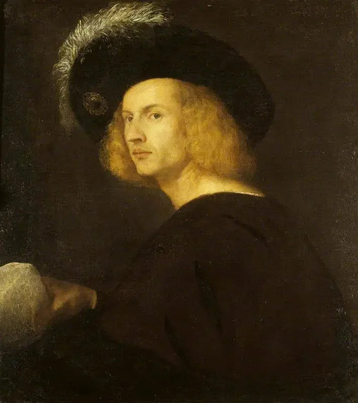 Um homem desconhecido usando um chapéu com penas negras - Titian