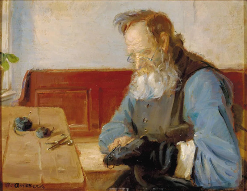Um homem conserta meias - Anna Ancher
