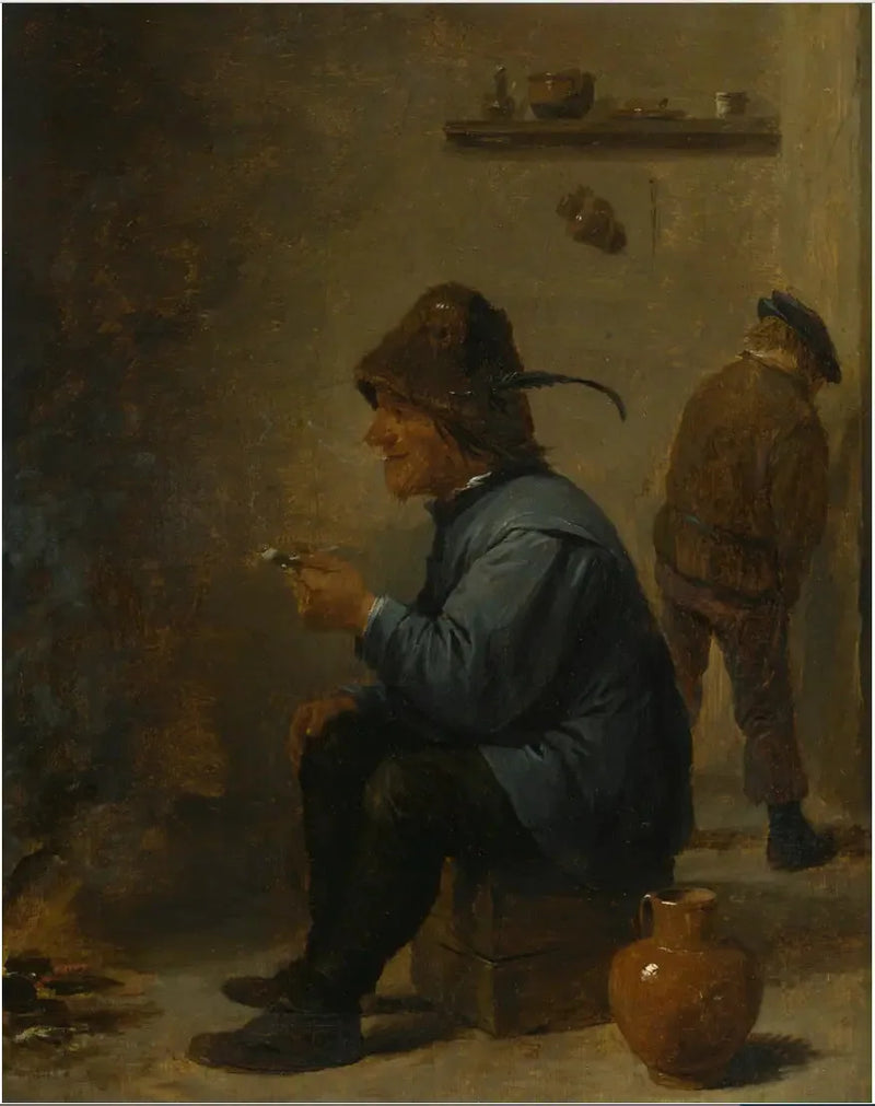 Um homem segurando um cachimbo sentado diante de uma fogueira em uma taverna, um homem urinando em um canto - David Teniers Júnior