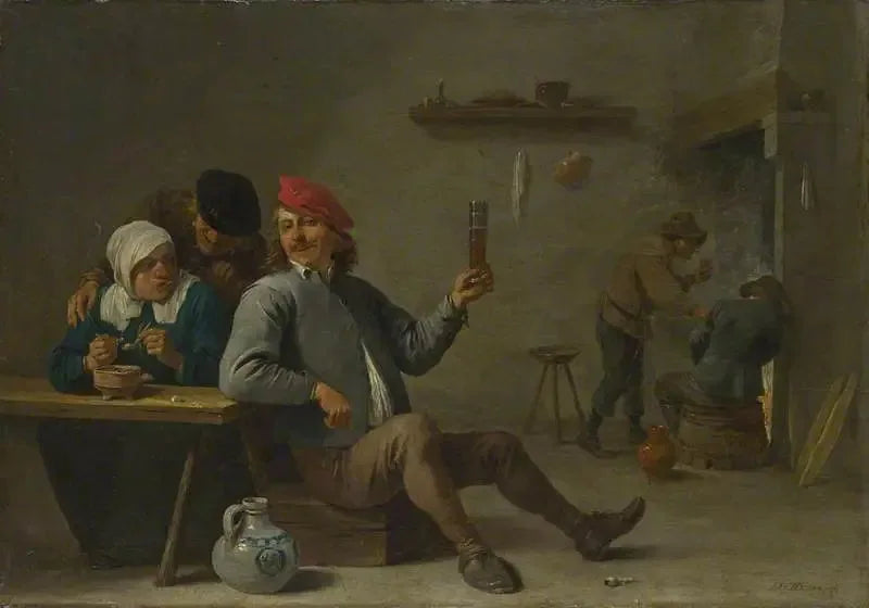 Um homem segurando um copo e uma idosa acendendo um cachimbo - David Teniers o Jovem