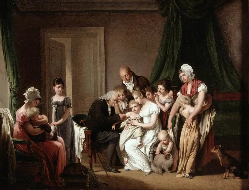 Um homem vacina uma criança pequena segurada por sua mãe, sob o olhar de outros membros da família - Louis-Léopold Boilly
