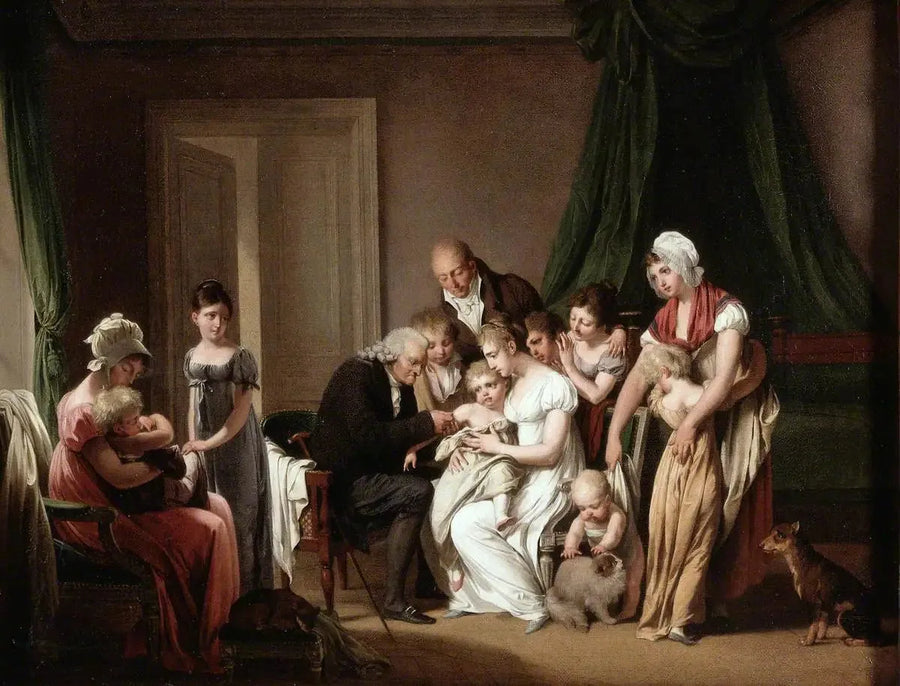 Um homem vacina uma criança pequena segurada por sua mãe, sob o olhar de outros membros da família - Louis-Léopold Boilly