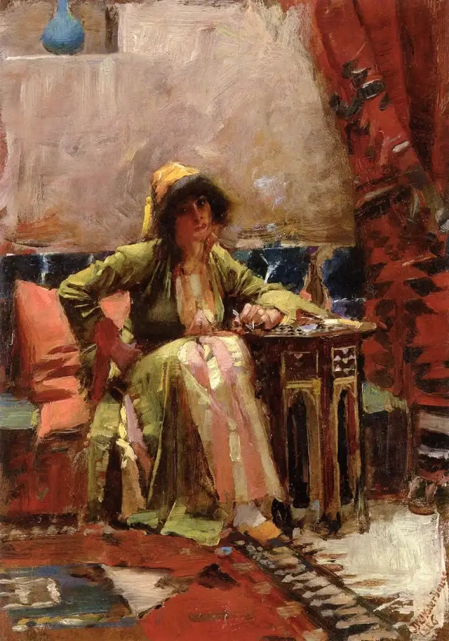 Um interior oriental com uma garota sentada - John William Waterhouse