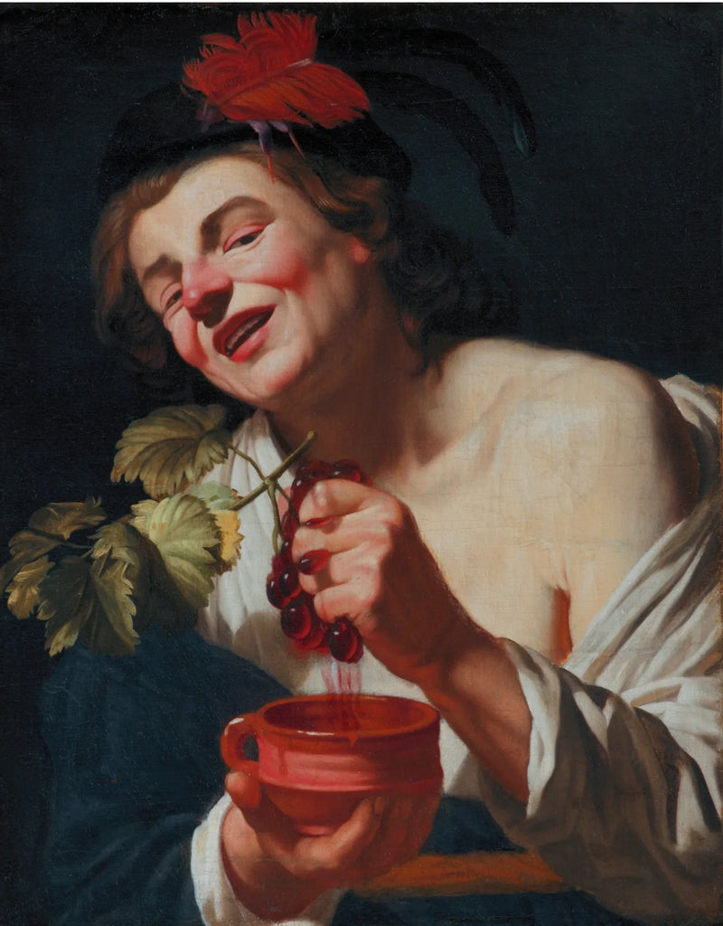 Um jovem bachique espremendo uvas em uma taça (uma alegoria do gosto?) - Gerrit van Honthorst