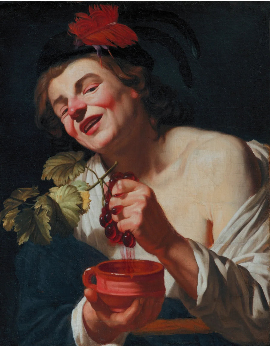 Um jovem bachique espremendo uvas em uma taça (uma alegoria do gosto?) - Gerrit van Honthorst
