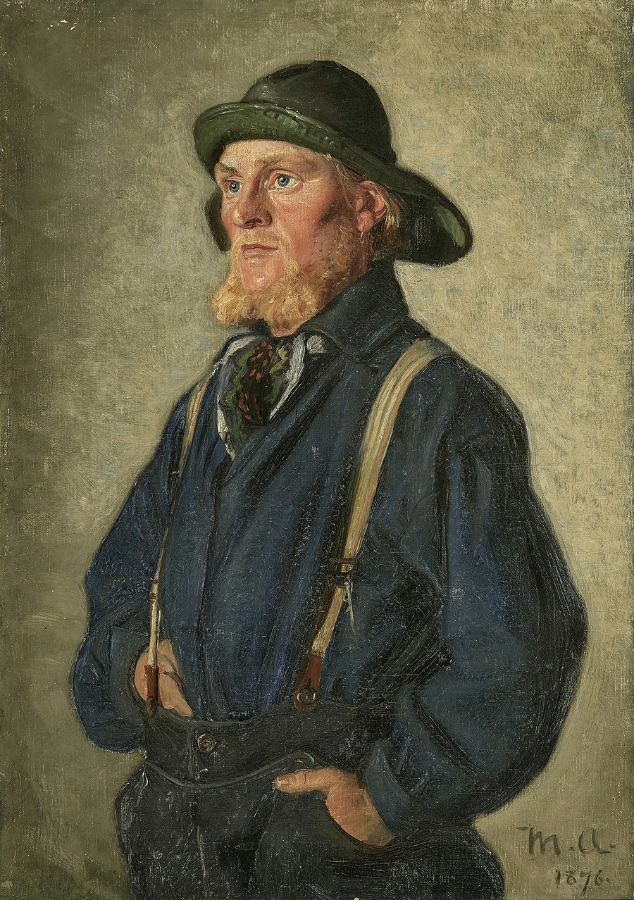 Um jovem pescador de pé, usando um impermeável verde. - Michael Peter Ancher