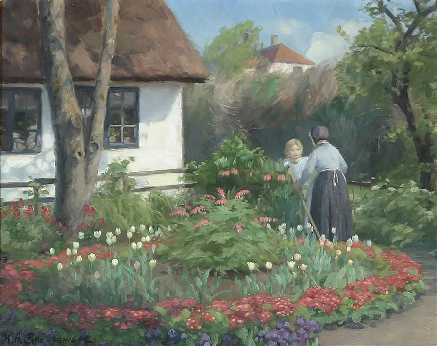 Um dia de verão no jardim. Duas mulheres conversam na frente do portão. - H. A. Brendekilde