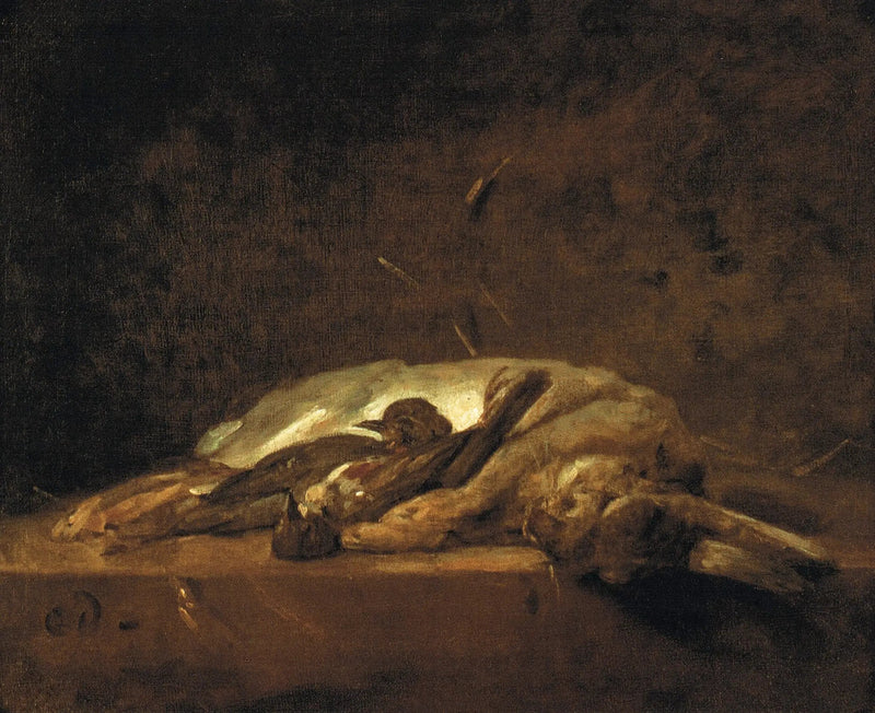 Um coelho, dois tordos mortos e alguns fios de palha sobre uma mesa de pedra - Jean Simeón Chardin