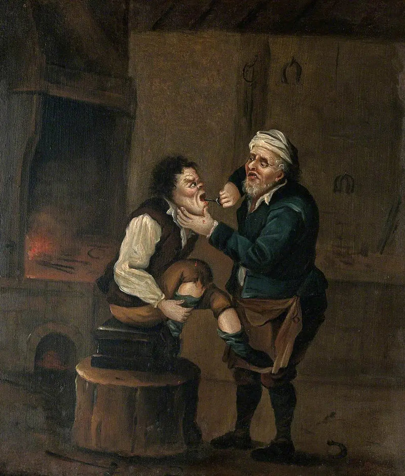 Um ferrador extrai um dente da boca de um homem - David Teniers, o Jovem