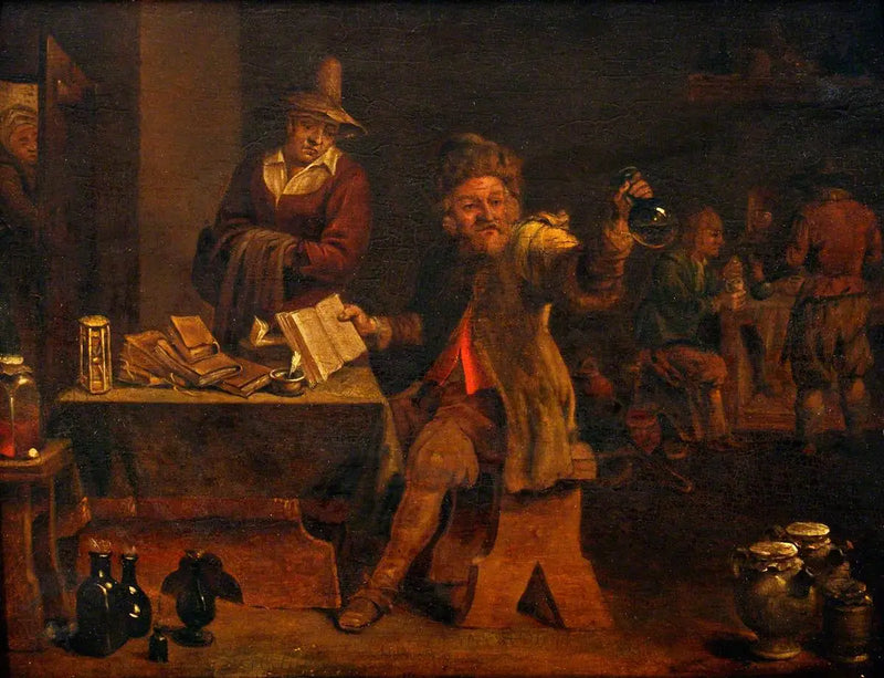 Um médico examina a urina trazida por uma paciente - David Teniers Júnior