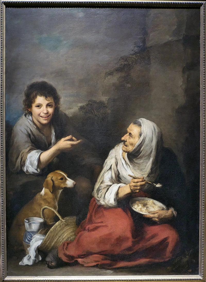 Um ouriço zombando de uma velha mulher comendo migas - Bartolomé Esteban Murillo