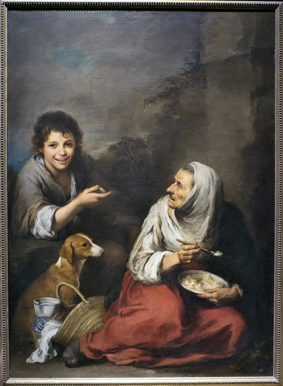 Um ouriço zombando de uma velha mulher comendo migas - Bartolomé Esteban Murillo