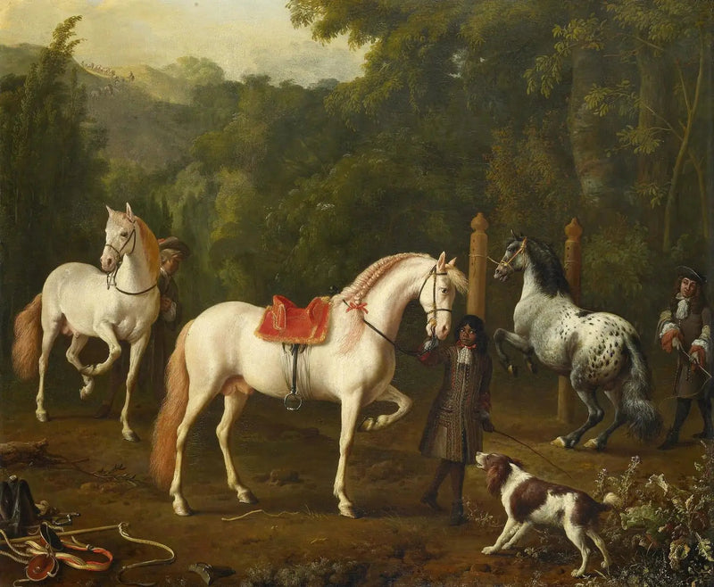 Um tratador ajudando um mestre de equitação no picadeiro - Melchior de Hondecoeter