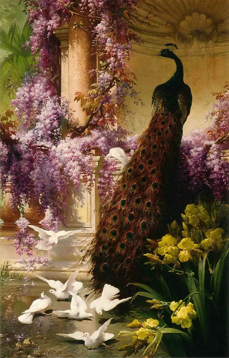 Um pavão e pombas em um jardim - Eugène Bidau