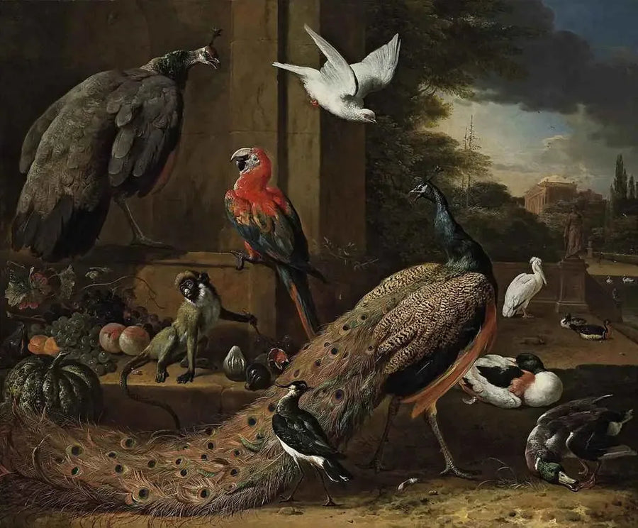 Um pavão, uma pavã, um macaco e outros pássaros em uma varanda - Melchior de Hondecoeter