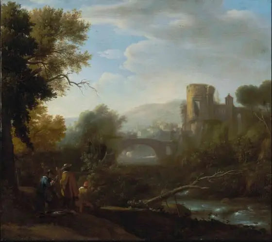 Uma paisagem com Tivoli e o templo de Vesta, caçadores e um artista desenhando em primeiro plano - Claude Lorrain