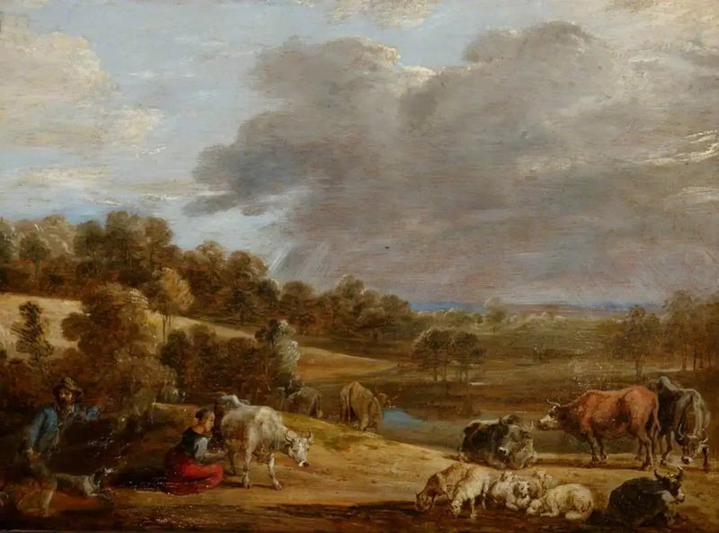 Uma paisagem com uma mulher ordenhando - David Teniers, o Jovem