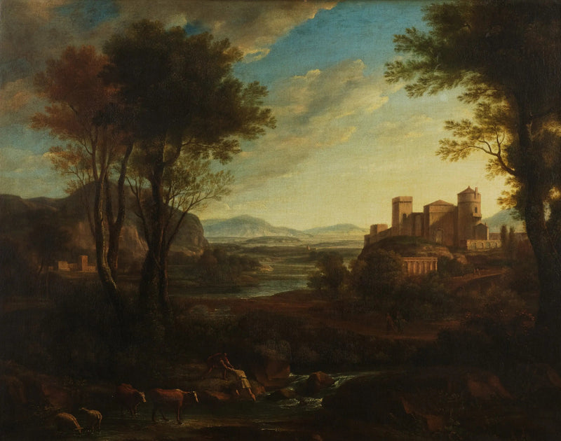 Uma paisagem clássica com personagens atravessando um riacho - Claude Lorrain