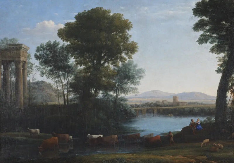 Uma paisagem clássica com gado atravessando um riacho - Claude Lorrain