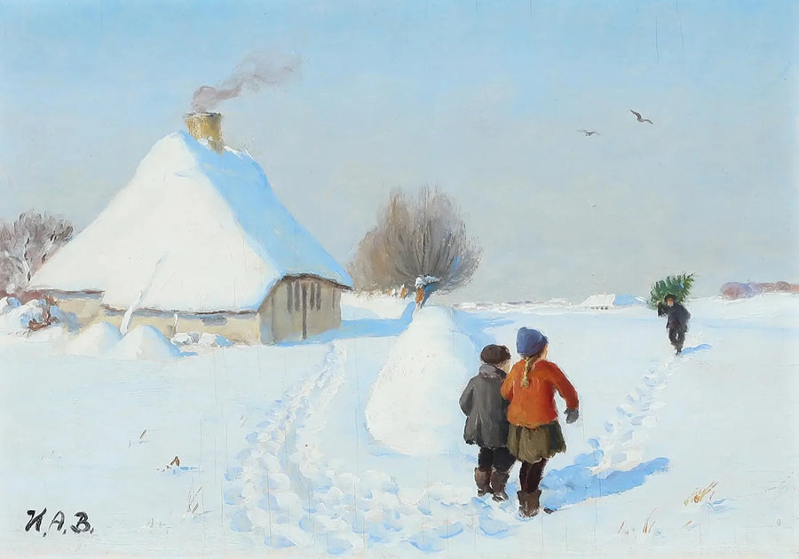 Uma paisagem nevada com duas crianças na neve. - H. A. Brendekilde