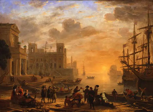 Uma paisagem portuária ao pôr do sol - Claude Lorrain