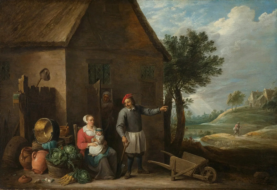 Um camponês com sua esposa e seu filho em frente à fazenda - David Teniers, o Jovem