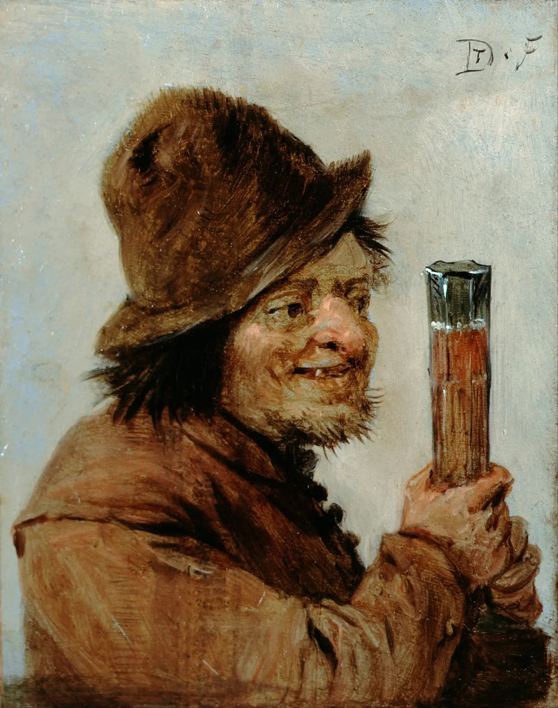 Um camponês segurando um copo - David Teniers, o Jovem