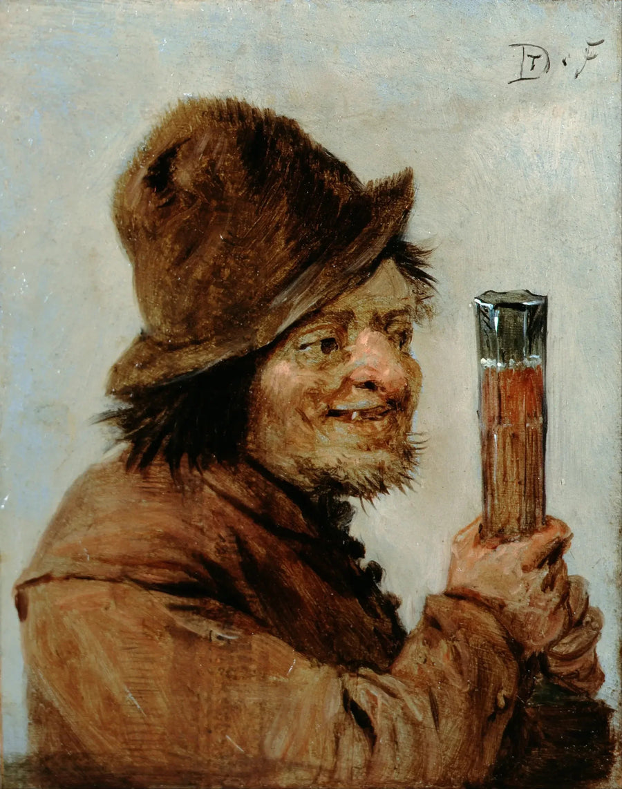 Um camponês segurando um copo - David Teniers, o Jovem