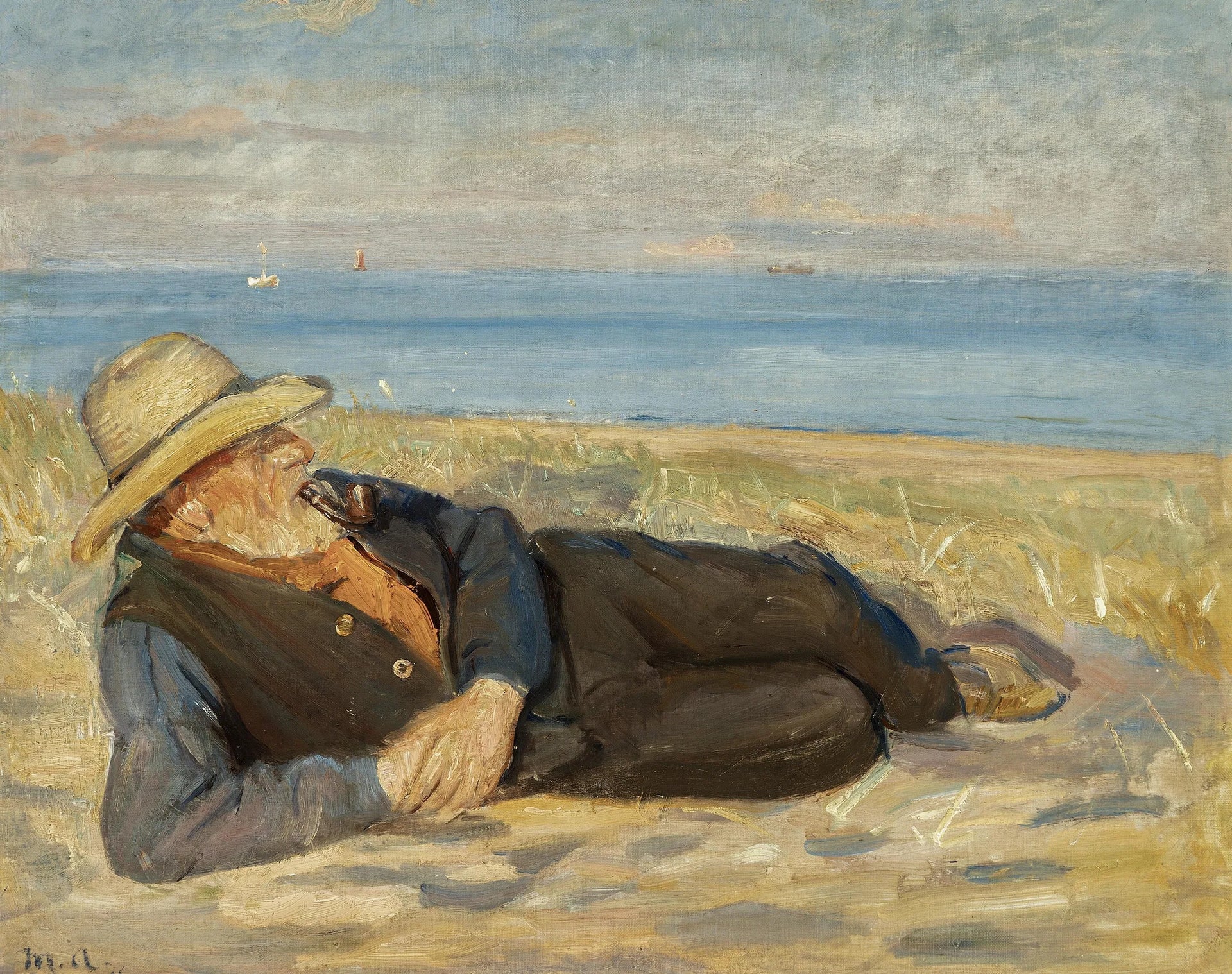 Un pêcheur de Skagen allongé sur la plage au soleil couchant. - Michael Peter Ancher image 1 reproduction d’œuvre d’art à l’huile