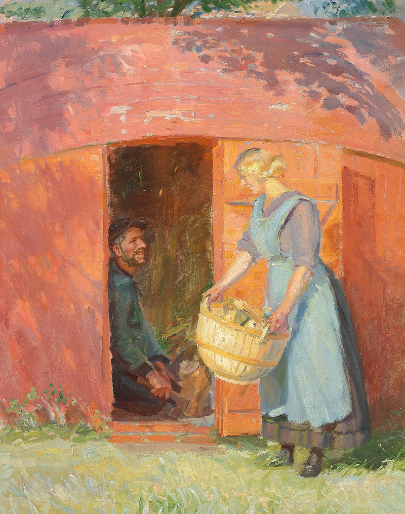 Um pescador de Skagen, em uma cabana construída a partir de um barco antigo, corteja uma jovem mulher. - Anna Ancher