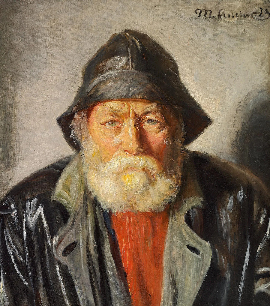 Um pescador vestindo um macacão impermeável e um casaco pretos, além de um suéter vermelho. - Michael Peter Ancher