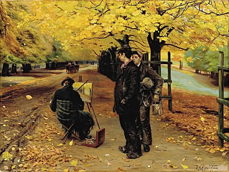 Um pintor em seu cavalete em um dia de outono em Dyrehaven, perto de Copenhague. - H. A. Brendekilde