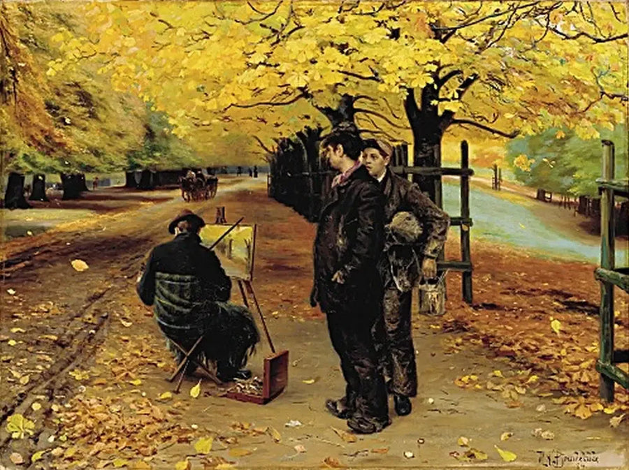 Um pintor em seu cavalete em um dia de outono em Dyrehaven, perto de Copenhague. - H. A. Brendekilde