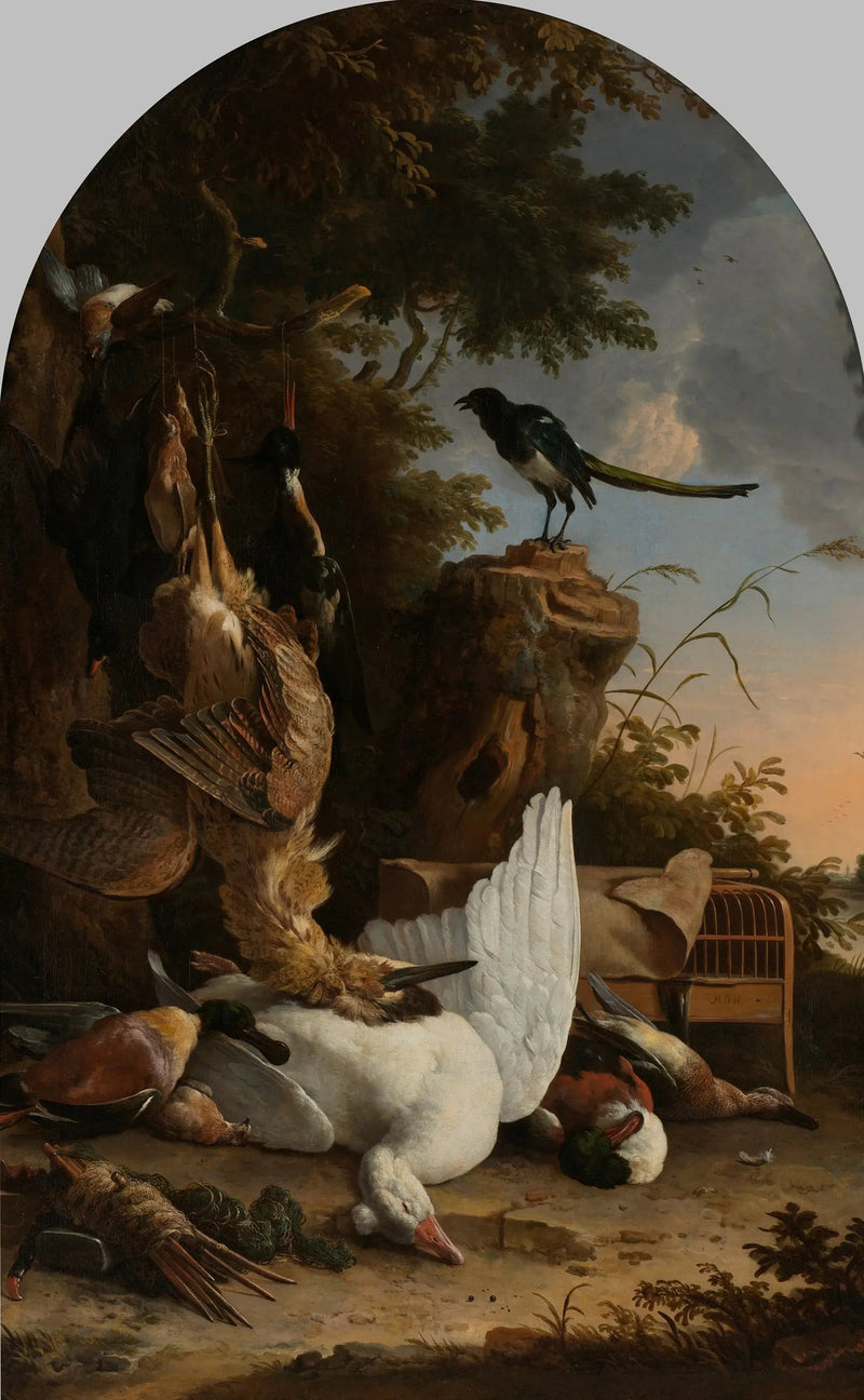 Uma sacola de caçador perto de um tronco de árvore com uma gralha, conhecida como « a gralha contemplativa » - Melchior de Hondecoeter