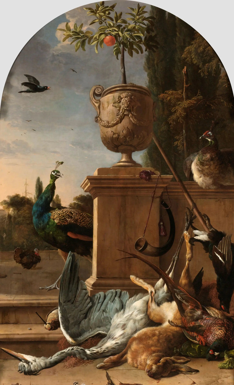 Uma sacola de caçador em uma varanda - Melchior de Hondecoeter