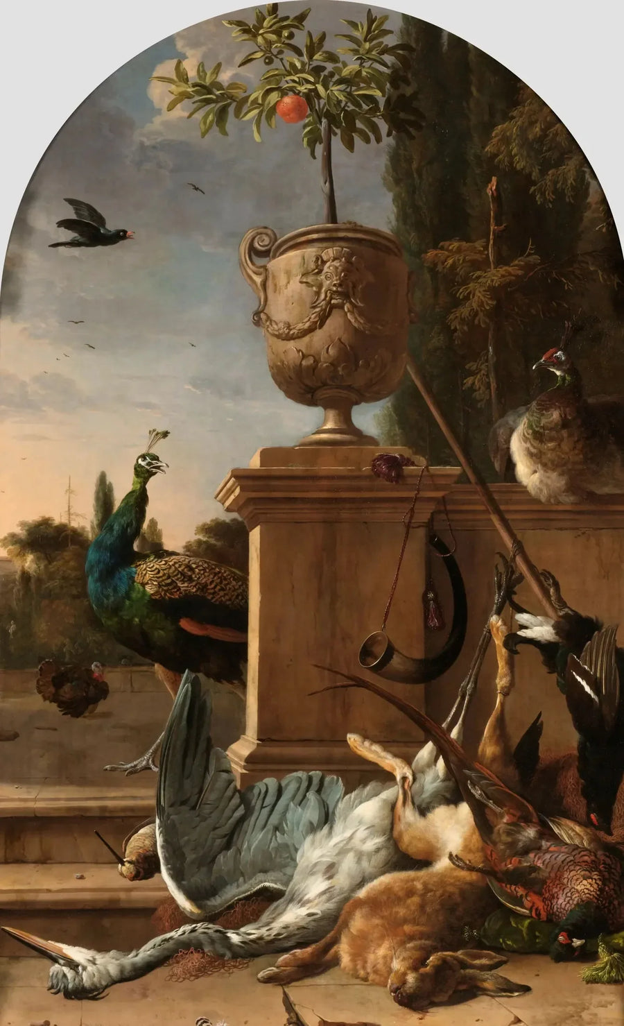 Uma sacola de caçador em uma varanda - Melchior de Hondecoeter