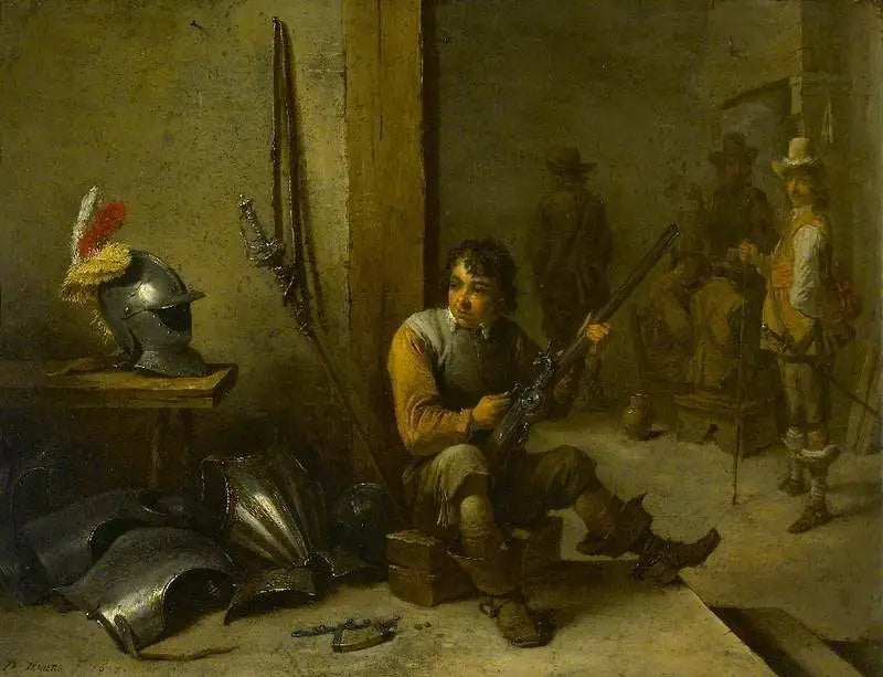 Um soldado limpando uma espingarda de pederneira em uma sala de guarda, uma armadura ao lado dele e soldados ao fundo - David Teniers o Jovem