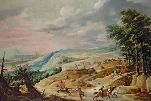 Uma vasta paisagem com um escaramuça de cavalaria em uma crista - David Teniers, o Jovem