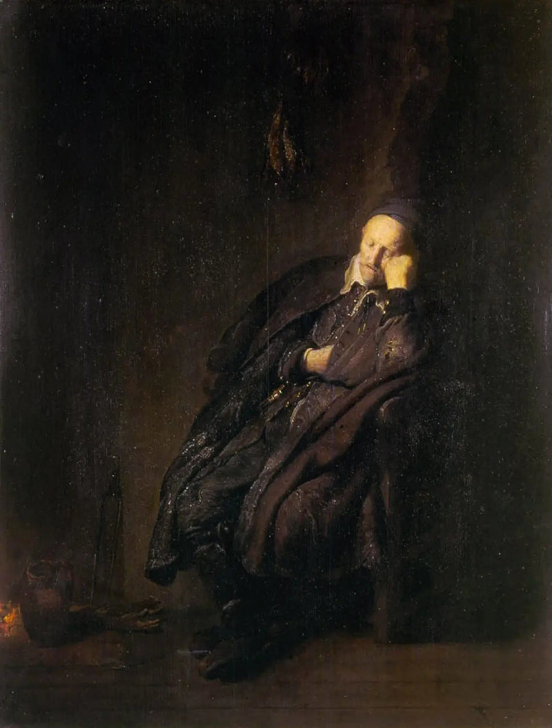 Um velho homem dorme perto de - Rembrandt