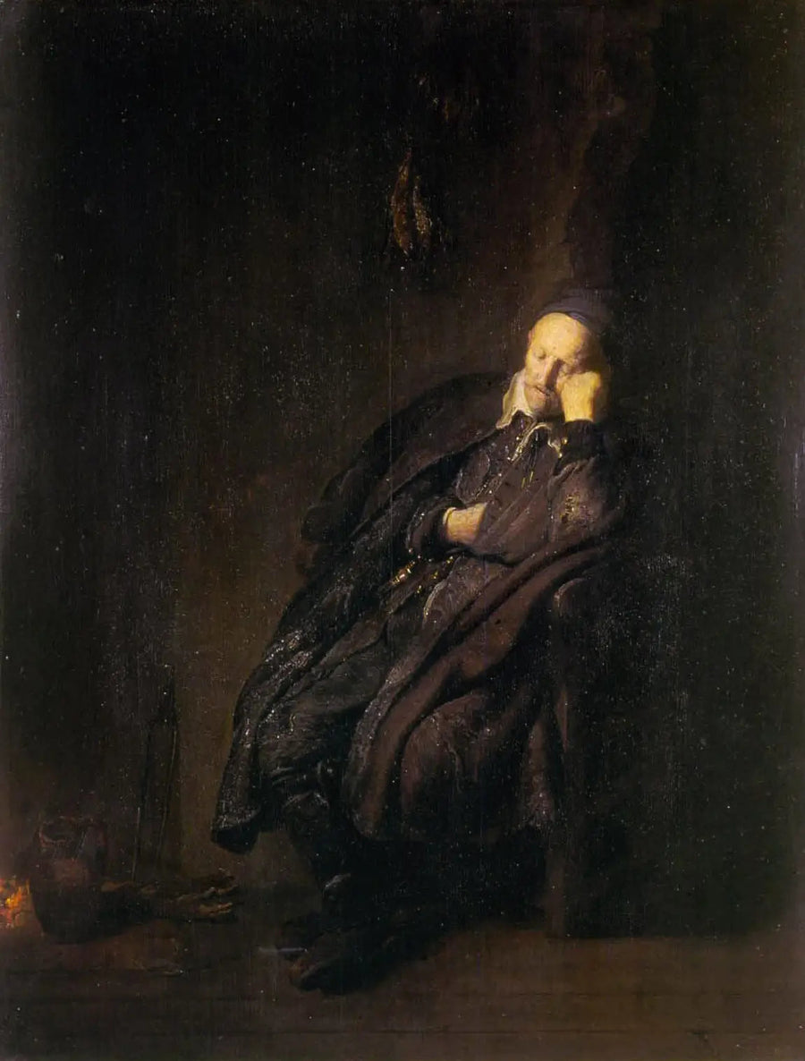 Um velho homem dorme perto de - Rembrandt