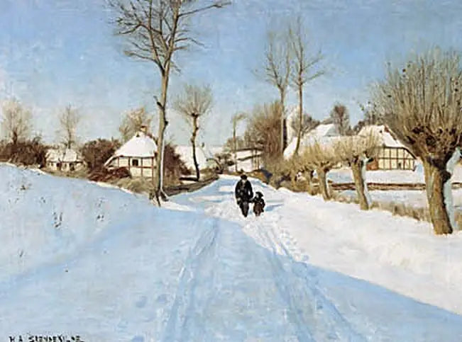 Um homem idoso e uma menina entre casas com telhado de palha. - H. A. Brendekilde