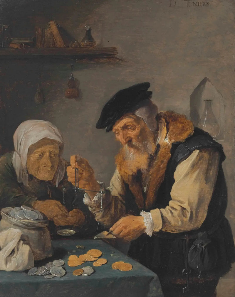 Um homem idoso e uma mulher idosa pesam moedas - David Teniers Júnior