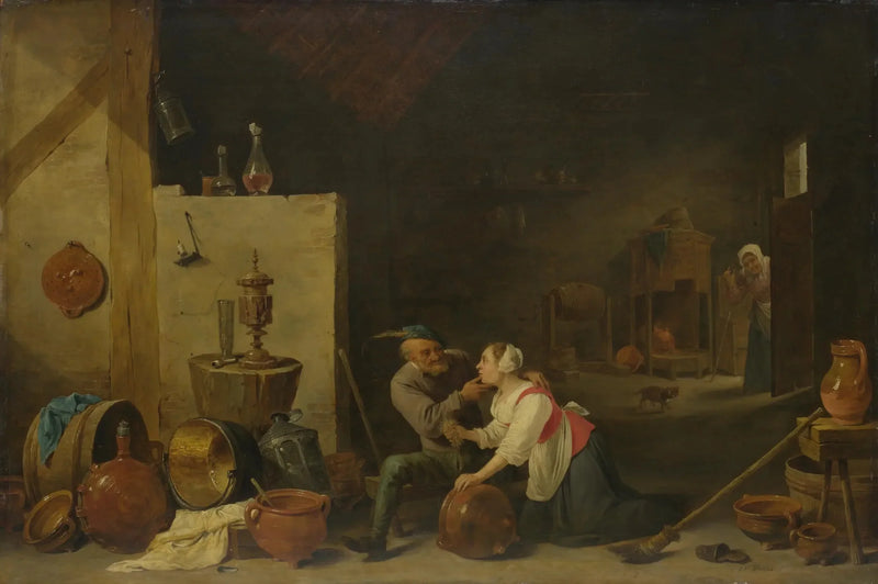 Um velho camponês acaricia uma empregada doméstica na cozinha dentro de uma cocheira - David Teniers o Jovem