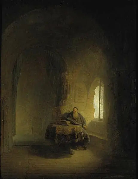 Um velho sábio perto de uma janela em uma sala abobadada - Rembrandt