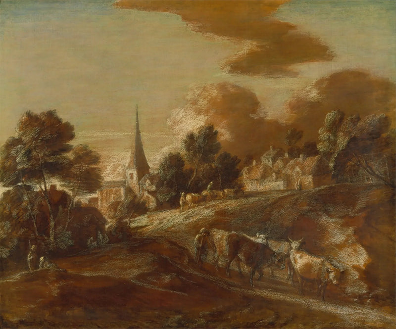 Uma vila imaginária arborizada com pastores e gado - Thomas Gainsborough