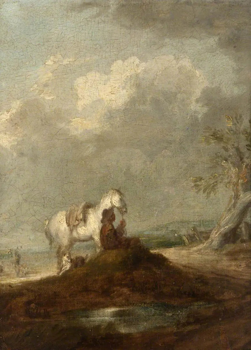 Um viajante sentado em uma estrada rural, segurando um cavalo branco - Thomas Gainsborough