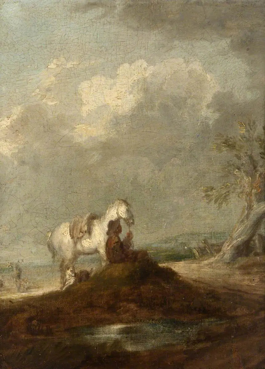 Um viajante sentado em uma estrada rural, segurando um cavalo branco - Thomas Gainsborough
