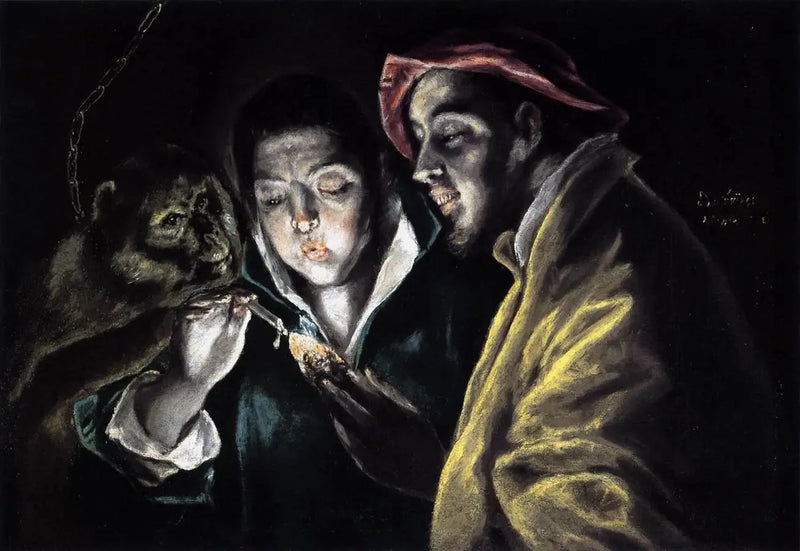 Uma alegoria com um menino acendendo uma vela na companhia de um macaco e de um bobo - El Greco