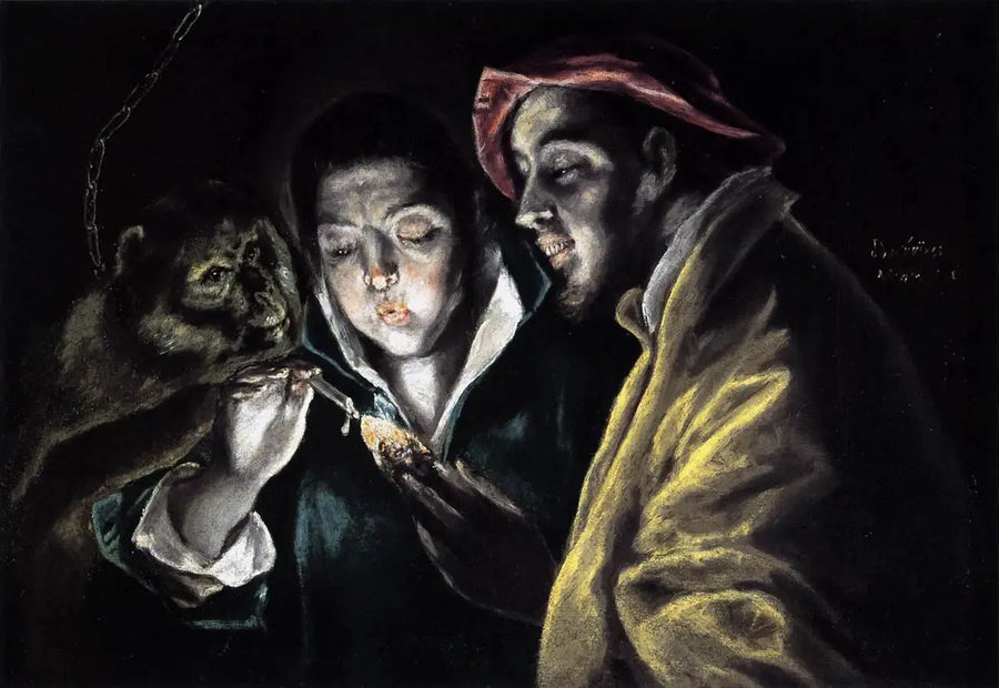 Uma alegoria com um menino acendendo uma vela na companhia de um macaco e de um bobo - El Greco